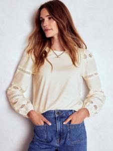 Блузка Millie с длинными рукавами и круглым вырезом из хлопковой смеси с кружевными вставками Boden, Ivory