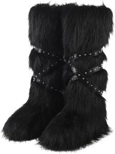 Женские сапоги с искусственным мехом, замшевые зимние пушистые туфли с округлым носком, теплые снежные удобные плюшевые короткие, на плоской подошве, до середины голени и высокие меховые пушистые сапоги HIPRETTYUS, Black(Knee High Boots With Strap)