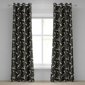 Шторы на люверсах ABAKUHAUS в стиле ар-нуво с узором Листья, ветки, мать-природа, цветы, дзен, персидский бохо, мистический узор, декоративные двухпанельные шторы, 280 см x 225 см, цвет черный и слоновая кость