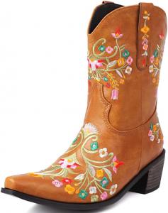 Женские ковбойские ботинки YIYA с цветочной вышивкой, ботильоны в западном стиле с цветочным узором, заостренным носком, на устойчивом каблуке, без застежки, Yellow