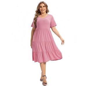 Женское повседневное платье плюс сайз с рукавами-фонариками, оборкой по подолу, V-образным вырезом и свободным силуэтом Seoria, Pink