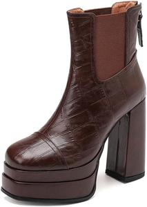 Женские ботинки KAGAA из коровьей кожи с квадратным носком и молнией, большой размер, скуластый высокий каблук 12 см, ручная работа, теплые ботинки до щиколотки для женщин kagaa127, Brown