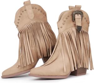 Женские ковбойские ботинки Hawkwell с бахромой, с заостренным носком, на высокой шнуровке, западные ботильоны, Khaki