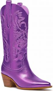 Женские ковбойские ботинки RKQ металлические блестящие до середины икры с блестками, вышитые ботинки, западные ботинки, с острым носком, на толстом каблуке, с язычками для надевания, классические сексуальные праздничные ботинки, Roxo Metálico