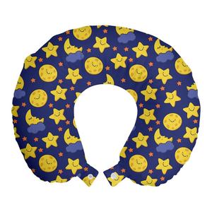 ABAKUHAUS Baby Travel Pillow Подушка для шеи, «Спящая луна в ночное время», пенопластовый дорожный предмет для самолета и автомобиля, 30x30 см, Желтый Оранжевый Темно-синий