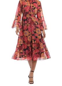 Цветочное платье с высоким воротником и ярусами воланов трапециевидного силуэта миди в черно-коралловом цвете Donna Morgan