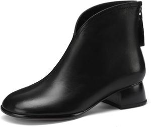 Женские ботильоны TinaCus из натуральной кожи с круглым носком, V-образным вырезом, застежкой-молнией сзади и массивным низким каблуком, Black