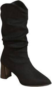 Модные женские ботинки - заостренные, на толстой подошве, длиной до середины голени - с плиссировкой - подходят для осенних и зимних образов HoaloX, Black