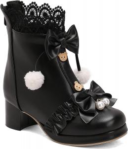 Женские ботильоны на платформе Лолита, средние по голенище, с закрытым носком, жемчужные, с низким массивным каблуком и боковой молнией, милый бант, ботинки для косплея SYHXYHEG, Black