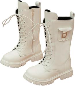 Ботинки для девочек Милая шнуровка Верховые ботинки до середины икры Из искусственной кожи Каблук-ковбой Платформа Круглый носок Модная обувь на осень Generic, F- White