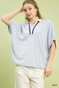 Топ с контрастным воротником и V-образным вырезом TRUEDAMES, синий