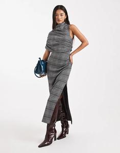 Платье миди ASOS DESIGN асимметричного кроя с драпировкой из жаккардовой ткани в клетку