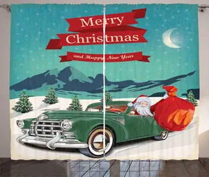 Рождественская штора в деревенском стиле от ABAKUHAUS, Санта-Клаус в винтажном автомобиле, присборенная тесьма для спальни с петлями и крючками, 280 x 225 см, бирюзовый цвет Abakuhaus