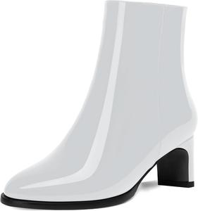 Женские ботильоны на молнии с круглым носком, для свиданий, из лакированной кожи, повседневные, массивный низкий каблук, высота голенища до щиколотки, 2 дюйма DEMOSHINE, White