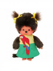 Девочка в платье с попугаем | Кукла Monchhichi 20 см с двумя косичками