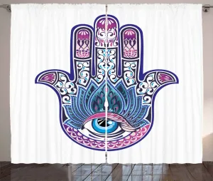 Штора ABAKUHAUS Сглаз, мотив Лотос и всевидящее око, универсальная ленточная штора для гостиной с петлями и крючками, 280 x 175 см, белый, розовый и голубой Abakuhaus