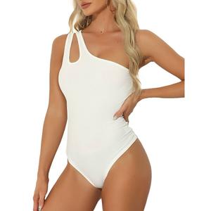 Рубашка-купальник для женщин, одно плечо, трикотажное облегающее боди в рубчик, топы на бретелях ALLEGRA K, белый