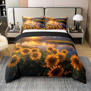 Erosebridal Хлопковый пододеяльник с подсолнухами Sunset Natural Scenery, ботанический принт, мягкий и комфортный, Orange Yellow