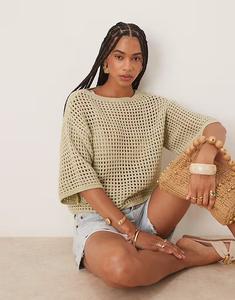 Трикотажная свободная футболка с ажурным узором ASOS DESIGN зеленого цвета