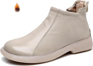 Женские ботинки на шнуровке из натуральной кожи с плоской подошвой, классический круглый носок, задняя молния, мягкая подошва, повседневные ботильоны, удобные для отпуска и офиса, противоскользящие кожаные ботинки Forevercan, Beige-B[Plush]