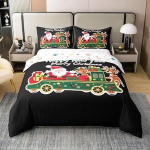 Erosebridal Комплект постельного белья Happy New Year с оленями и Санта Клаусом 100% хлопок зелёный, Black Green Red