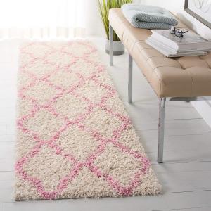 Ковер SAFAVIEH, 69 x 122 см, Dallas Shag Collection, Ivory & Light Pink, узор Trellis, без линьки и простой в уходе, толщина 4 см, идеален для помещений с высокой проходимостью: прихожая, коридор, спальня (SGD257P)