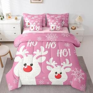 Erosebridal Комплект постельного белья Pink Christmas Reversible с комфортером, простынями и наволочками в тематике зимних оленей и снежинок, Red Pink