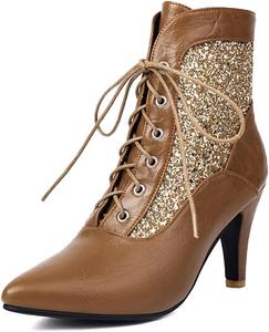 Женские ботильоны с острым носком и маленьким каблуком, блестящие, сияющие, винтажные, с подбором цвета, на шнуровке, с тонким каблуком, для платья, на щиколотку, осенне-зимние, официальные туфли AIVYFAJA, Brown