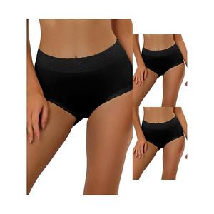 3 пары женских хлопковых трусиков с высокой талией, кружевной отделкой, эффектом контроля живота и полным покрытием Allegra K, Black