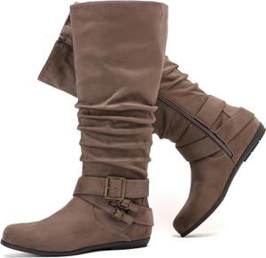 Женские сапоги Luoika с высокой халявой для широкой икры, свободного облегания, на плоской подошве с боковой молнией., Brown1038
