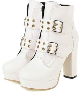 Женские ботильоны SHODENSE на высоком каблуке с платформой, с двойным ремешком, округлый носок, байкерский стиль, матовая кожа, каблук 4 дюйма, короткие ботинки до середины икры, панк, сексуальные, стильные, для вечеринки или клуба, размеры 4-15 US, White