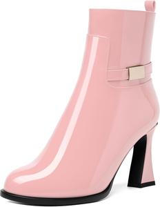 Ботинки NUMALEO Womens Sexy Patent Zip Metal Ankle Strap Night Club Round Toe Block High Heel Ankle High Boots 3.3 Inch, Pink