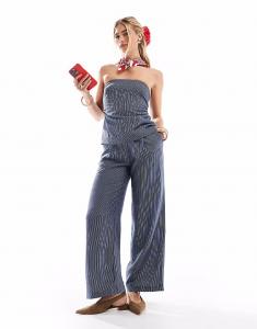 Широкие брюки в полоску синего цвета New Look