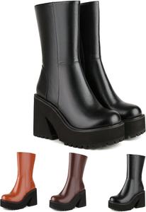 Женские готические ботильоны на танкетке до середины икры с платформой и молнией, панк-мотоциклетные ботинки с закругленным носком и массивным каблуком Generic, Black-A