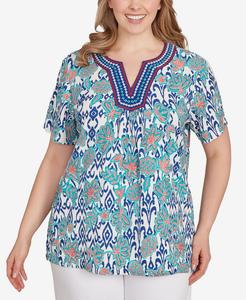 Топ большого размера с цветочным узором и вышивкой икат Ruby Rd, Turquoise Multi