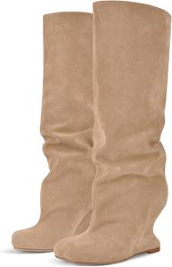 Женские высокие сапоги Sexytag до колена из замши с закрытым носком, квадратным носком, наклонным клиновидным каблуком, на пуговицах, Beige