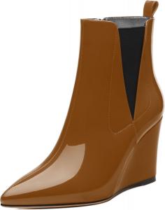 Женские ботильоны, с острым носком на высокой танкетке, короткие сапожки с боковой молнией и эластичной вставкой, высота каблука 3,3 дюйма MISEZOXI, Brown Patent