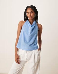 Топ Mango с воротником-халтер и воротником-хомутиком с отделкой hot fix синего цвета