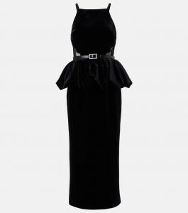Платье миди из бархата с поясом и кружевной отделкой Self-Portrait, черный