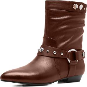 Ботильоны Olomisa для женщин с заостренным носком, плоским каблуком, заклепками и ремешком, на молнии, Brown