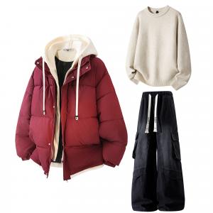 Толстовка Casual Sportswear утепленная с капюшоном унисекс X1617, burgundy top+бежевый knitwear+черный pants