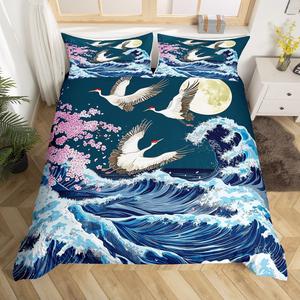 Erosebridal Комплект постельного белья в японском стиле с принтом сакуры и журавлей, традиционный ретро дизайн с морскими волнами, Color 08