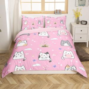 Erosebridal Комплект постельного белья Kawaii Cat с милыми котиками, цветами, бабочками и звездами из мягкого легкого материала для любого сезона, Pink White Grey