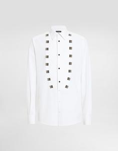 Хлопковая смокинговая рубашка с украшениями из драгоценных камней DOLCE & GABBANA, мультиколор