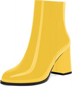Женские ботинки SKYSTERRY на шнуровке с застежкой-молнией, лакированные, для улицы, с закрытым носком, толстым каблуком, высоким голенищем, каблук 3,3 дюйма, Yellow