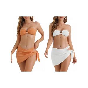 2 комплекта женского бикини с ребристой лентой o-ring, 3-частный треугольный низ на застежке сзади Inspire Chic, White Orange