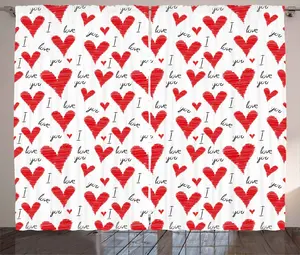 Штора ABAKUHAUS Любовь в деревенском стиле, рукописные валентинки, присборенная штора из тесьмы для спальни с петлями и крючками, 280 x 245 см, ярко-красный, черно-белый Abakuhaus