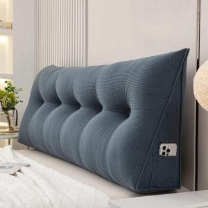 Подушка для изголовья кровати размера Queen Size, треугольная, из вельвета, поддерживающая спинку, подушка для чтения и поясничной фиксации, мягкая подушка для сидения на кровати (цвет: синий, размер: 39 дюймов/100 см (двуспальная)). COZMAX, Blue