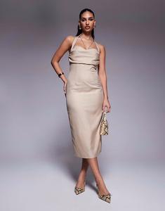 Kaiia - эксклюзивное, элегантное платье миди с американской проймой в бежевом цвете с полосками, драпированным вырезом и открытой спиной