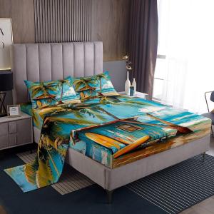 Erosebridal Комплект постельного белья Surfboard Surf с принтом серфинга и пальм в морском стиле, Blue Green
